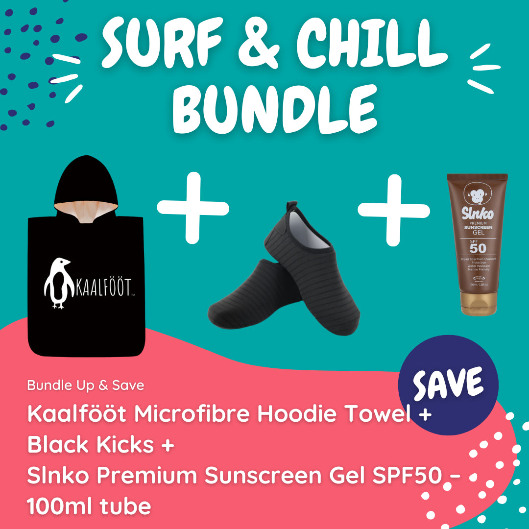 Kaalfööt Hoodie Towel (Black Kicks) Surf & Chill Bundle (with Gel Tube Sunscreen) - Kaalfööt