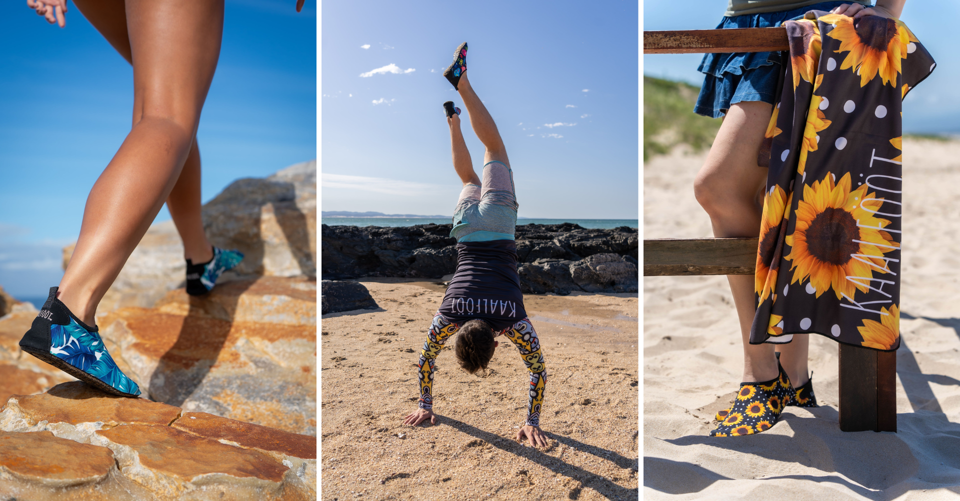 Three lifestyle images showing active footwear: blue patterned shoes on rocks, multi-patterned kaalfööt shoes during a handstand on the beach, and sunflower-patterned shoes with a matching kaalfööt towel.